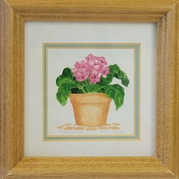 Vintage Carolyn Oltman Floral Framed Art "Potted Primrose" & "Potted Cyclamen" - Picture 2 of 7